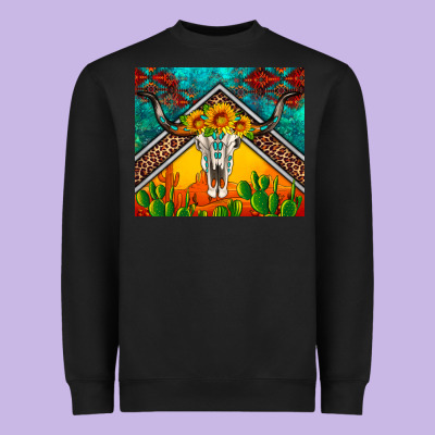 Western Sunflowers Longhorn Bull Skull Heavyweight Sweatshirt Designed By Artiststas