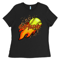 Black Softball game day leopard fire and ball Ladies Tee - HowdyJamesFarm