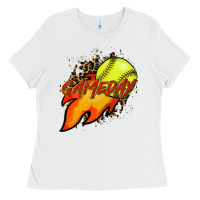 White Softball game day leopard fire and ball Ladies Tee - HowdyJamesFarm