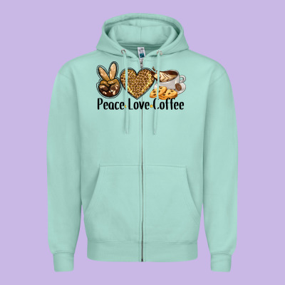 Peace Love Coffee Zipper Hoodie Designed By Barkaloodesign