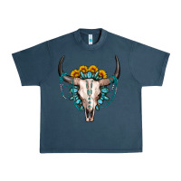 Midnight Navy sunflower gemstone bull skull Urban Heavy Tee - OliviaCreatesArt