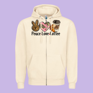 Peace Love Coffee Zipper Hoodie Designed By Barkaloodesign