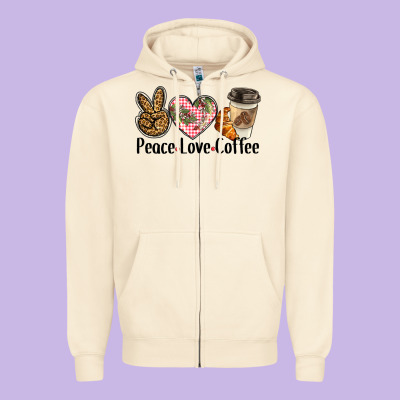 Peace Love Coffee Zipper Hoodie Designed By Barkaloodesign