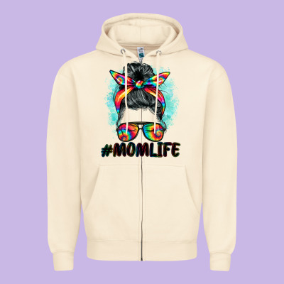 Tie Dye Momlife Messy Bun Zipper Hoodie Designed By Barkaloodesign