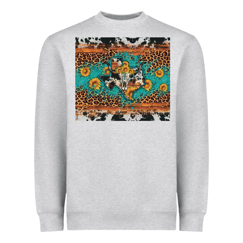 Bull Skull Texas Map Sunflower Leopard Cowhide Heavyweight Sweatshirt by Artiststas | Teevron