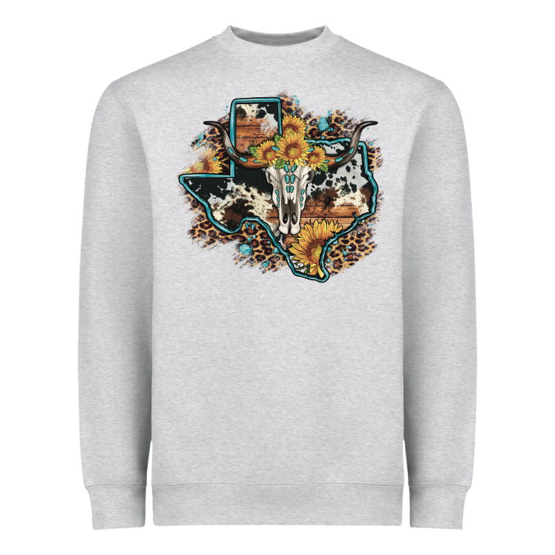 Bull Skull Leopard Cowhide Sunflower Texas Map Heavyweight Sweatshirt by Artiststas | Teevron