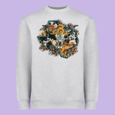 Bull Skull Leopard Cowhide Sunflower Texas Map Heavyweight Sweatshirt Designed By Artiststas