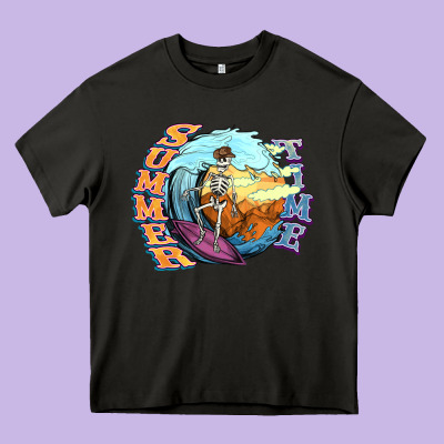 Summer Time Skeleton Surfing Heavy Core Tee Designed By Nancycooperartshop