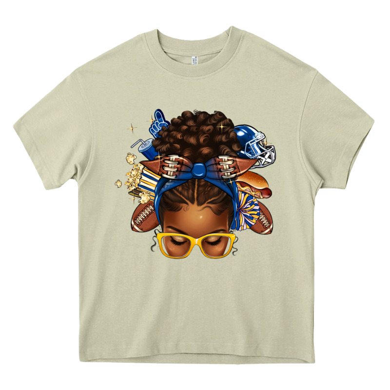 Blue And Gold American Football Afro Messy Bun Heavy Core Tee by texasbilliewilder | Teevron