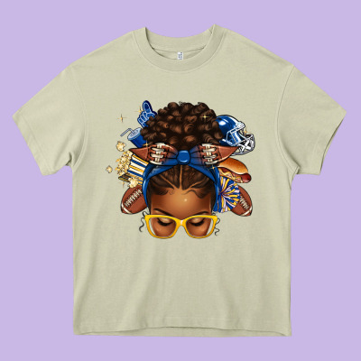 Blue And Gold American Football Afro Messy Bun Heavy Core Tee Designed By Texasbilliewilder