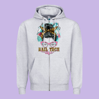 Nail Tech Life Messy Bun Zipper Hoodie Designed By Barkaloodesign