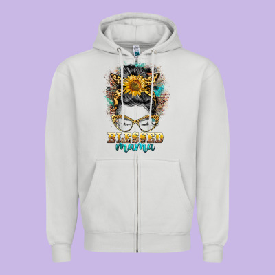 Blessed Mama Messy Bun Zipper Hoodie Designed By Barkaloodesign
