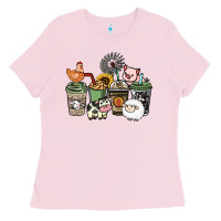 Bubblegum Pink Farm animal coffee cups Ladies Tee - HowdyJamesFarm