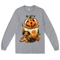 Heather Grey Halloween Jack O Lantern Bobba Cup Long Sleeve Tee - FaDigitalArtStudio