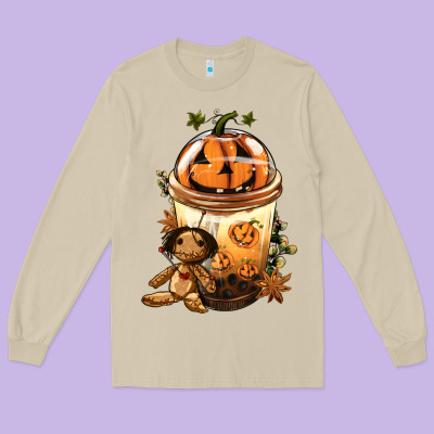 Halloween Jack O Lantern Bobba Cup Long Sleeve Tee Designed By Fadigitalartstudio