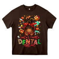 Chocolate Brown Santa's Favorite Dental Assistant Afro Messy Bun Heavy Core Tee - texasbilliewilder