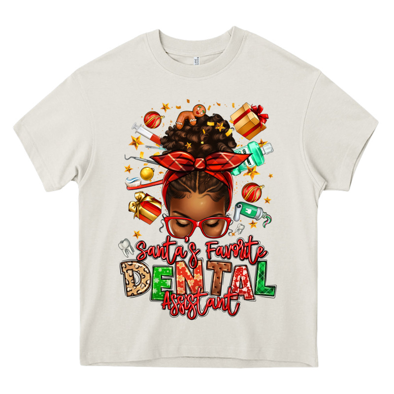 Santa's Favorite Dental Assistant Afro Messy Bun Heavy Core Tee by texasbilliewilder | Teevron