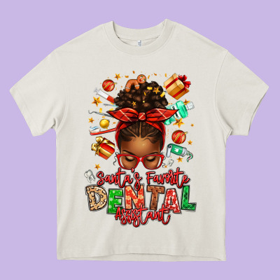 Santa's Favorite Dental Assistant Afro Messy Bun Heavy Core Tee Designed By Texasbilliewilder