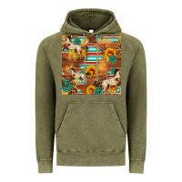 Vintage Olive Western Horse Sunflowers Gemstone Seamless Pattern Vintage Hoodie - FaDigitalArtStudio