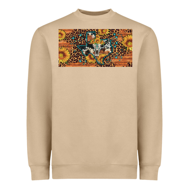Texas Map Bull Skull Sunflower Leopard Licence Plate Heavyweight Sweatshirt by Artiststas | Teevron