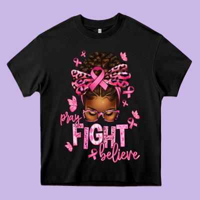 Pray Fight Believe Breast Cancer Afro Messy Heavy Core Tee Designed By Texasbilliewilder