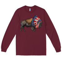 Burgundy american bison with indian headdress Long Sleeve Tee - RanaPortraitStore