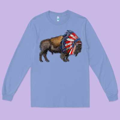 American Bison With Indian Headdress Long Sleeve Tee Designed By Ranaportraitstore