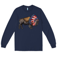 Navy american bison with indian headdress Long Sleeve Tee - RanaPortraitStore