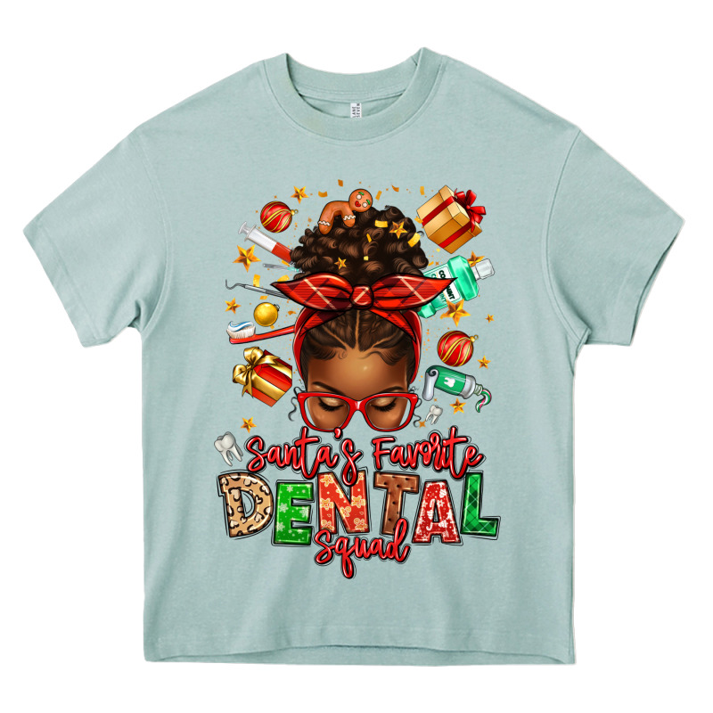 Santa's Favorite Dental Squad Afro Messy Bun Heavy Core Tee by texasbilliewilder | Teevron