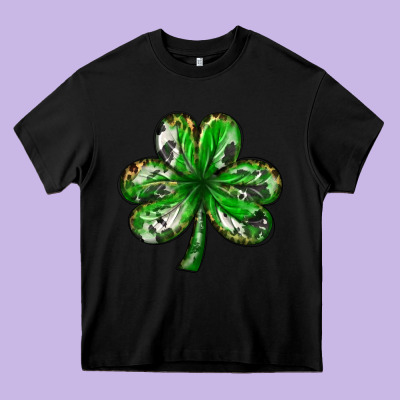 Shamrock With Leopard And Cowhide Heavy Core Tee Designed By Nancycooperartshop