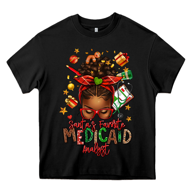 Santa's Favorite Medicaid Analyst Afro Messy Bun Heavy Core Tee by texasbilliewilder | Teevron