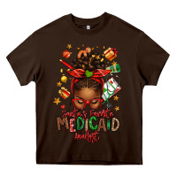 Chocolate Brown Santa's Favorite Medicaid Analyst Afro Messy Bun Heavy Core Tee - texasbilliewilder