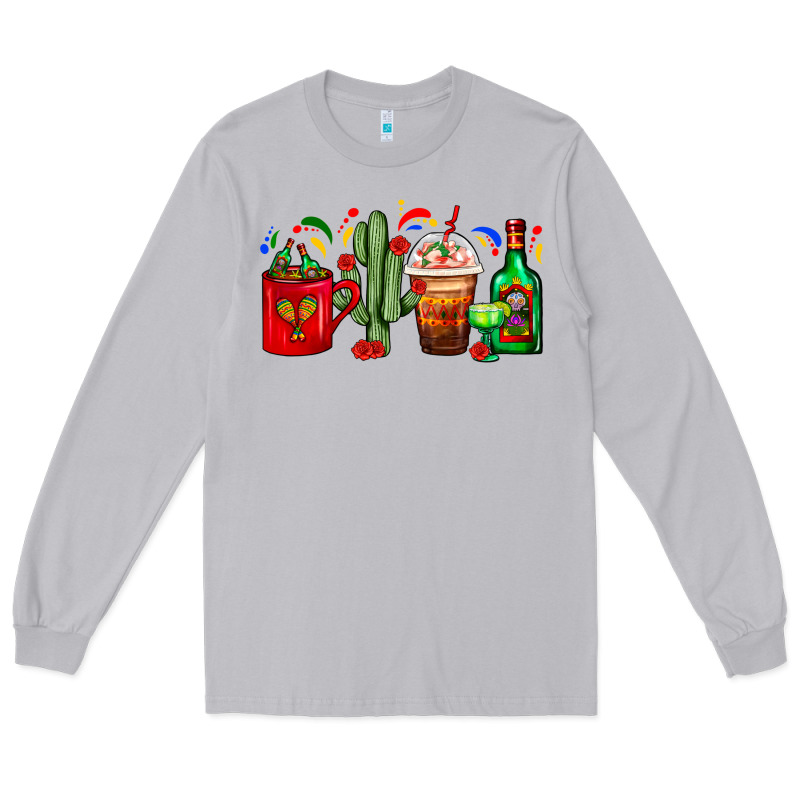 Mexico Coffee Cups With Cactus And Tequila Bottle Long Sleeve Tee by FaDigitalArtStudio | Teevron