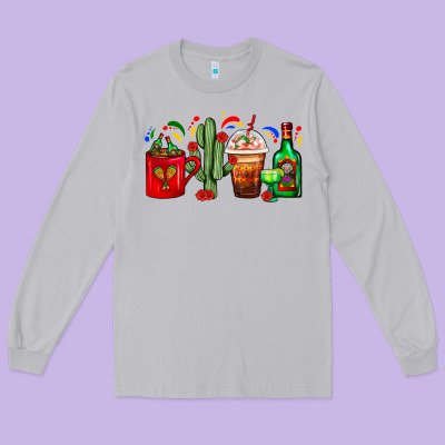 Mexico Coffee Cups With Cactus And Tequila Bottle Long Sleeve Tee Designed By Fadigitalartstudio