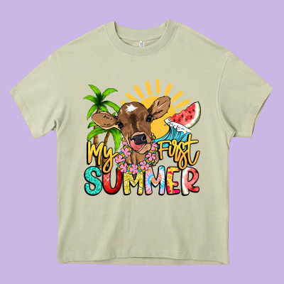 My First Summer Baby Cow Heavy Core Tee Designed By Nancycooperartshop