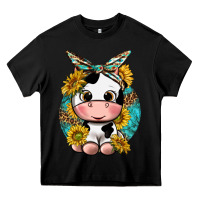 Black cute cow with sunflower and leopard Heavy Core Tee - texasbilliewilder