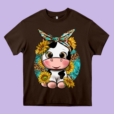 Cute Cow With Sunflower And Leopard Heavy Core Tee Designed By Texasbilliewilder