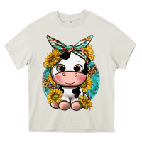 Cream cute cow with sunflower and leopard Heavy Core Tee - texasbilliewilder