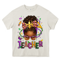 Mardi Gras Teacher Afro Messy Bun Heavy Core Tee | Teevron