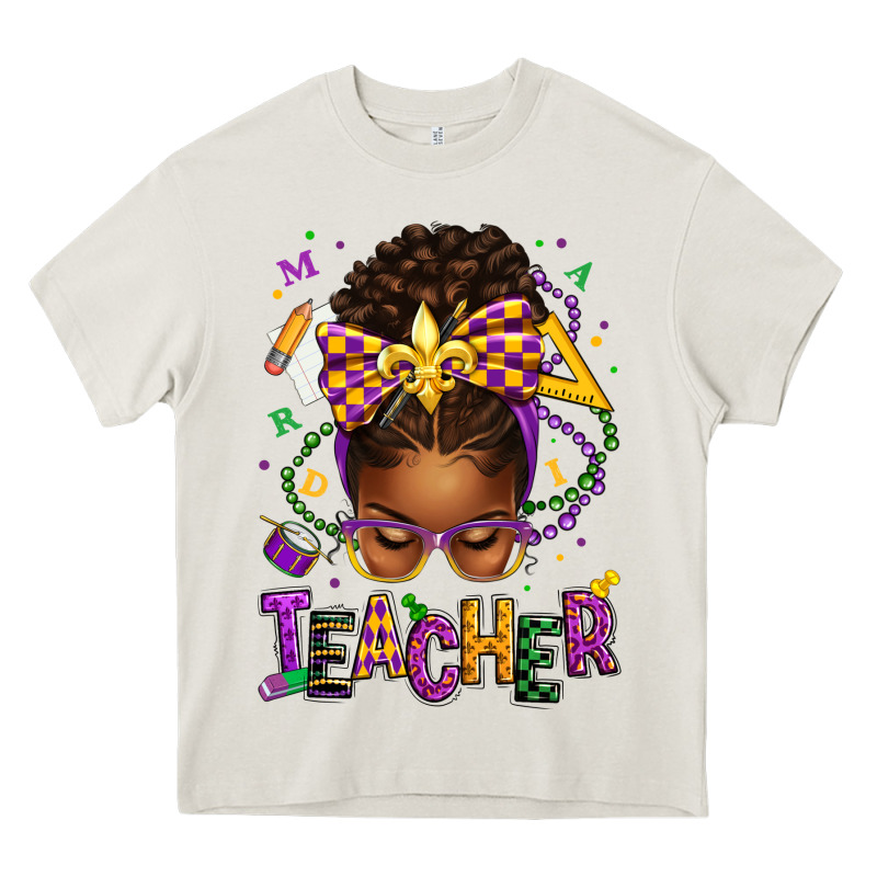 Mardi Gras Teacher Afro Messy Bun Heavy Core Tee by texasbilliewilder | Teevron
