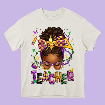 Mardi Gras Teacher Afro Messy Bun Heavy Core Tee Designed By Texasbilliewilder