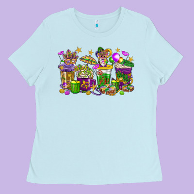 Mardi Gras Coffee Cups Ladies Tee Designed By Howdyjamesfarm