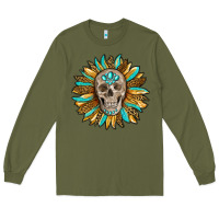 Army Green sunflower with skull Long Sleeve Tee - RanaPortraitStore