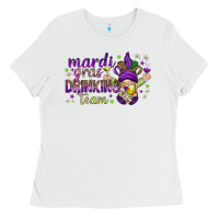 White Mardi Gras drinking team with gnome Ladies Tee - HowdyJamesFarm