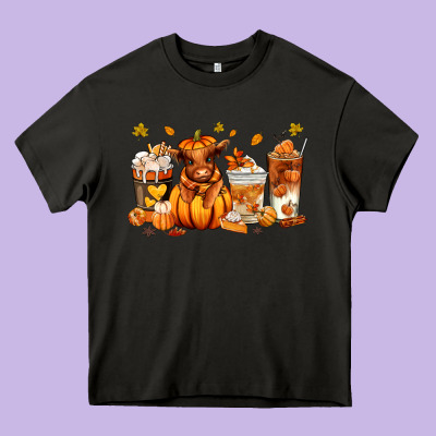 Fall Autumn Cow Pumpkin Coffee Cups Heavy Core Tee Designed By Ranaportraitstore