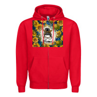 Red sunflowers messy bun mama Zipper Hoodie - BarkalooDesign