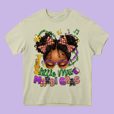 Little Miss Mardi Gras Afro Messy Bun Kid Heavy Core Tee Designed By Texasbilliewilder
