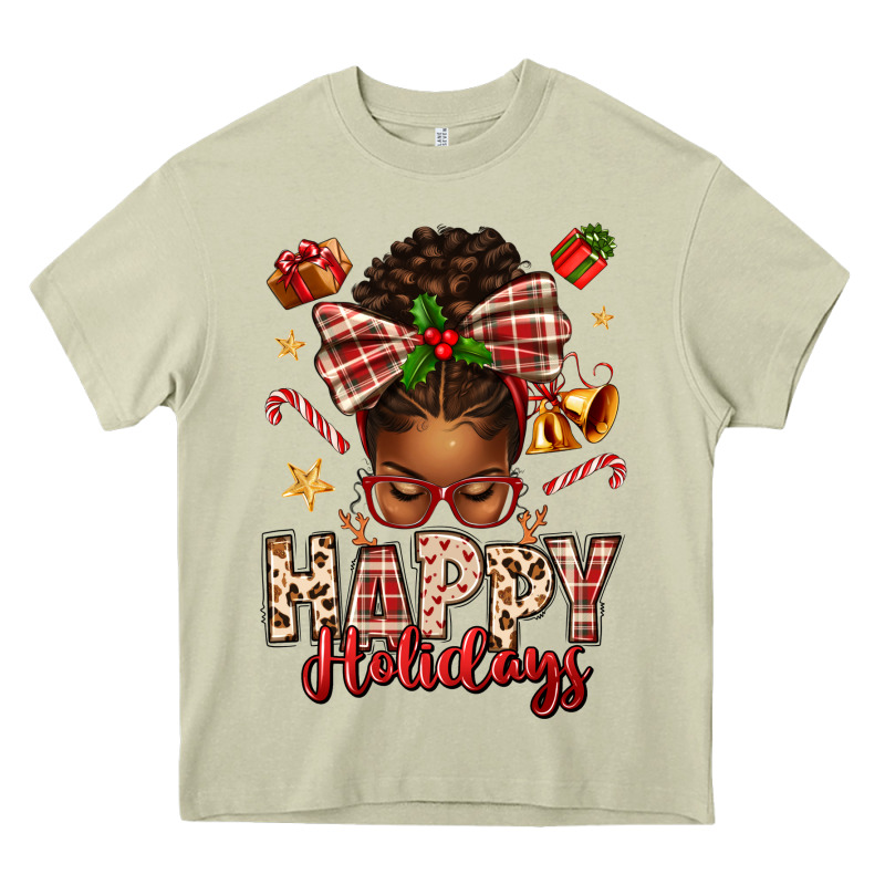 Happy Holidays Christmas Afro Messy Bun Heavy Core Tee by texasbilliewilder | Teevron