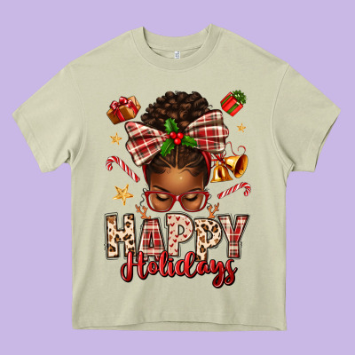 Happy Holidays Christmas Afro Messy Bun Heavy Core Tee Designed By Texasbilliewilder
