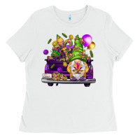 White Mardi Gras gnome on the truck Ladies Tee - HowdyJamesFarm